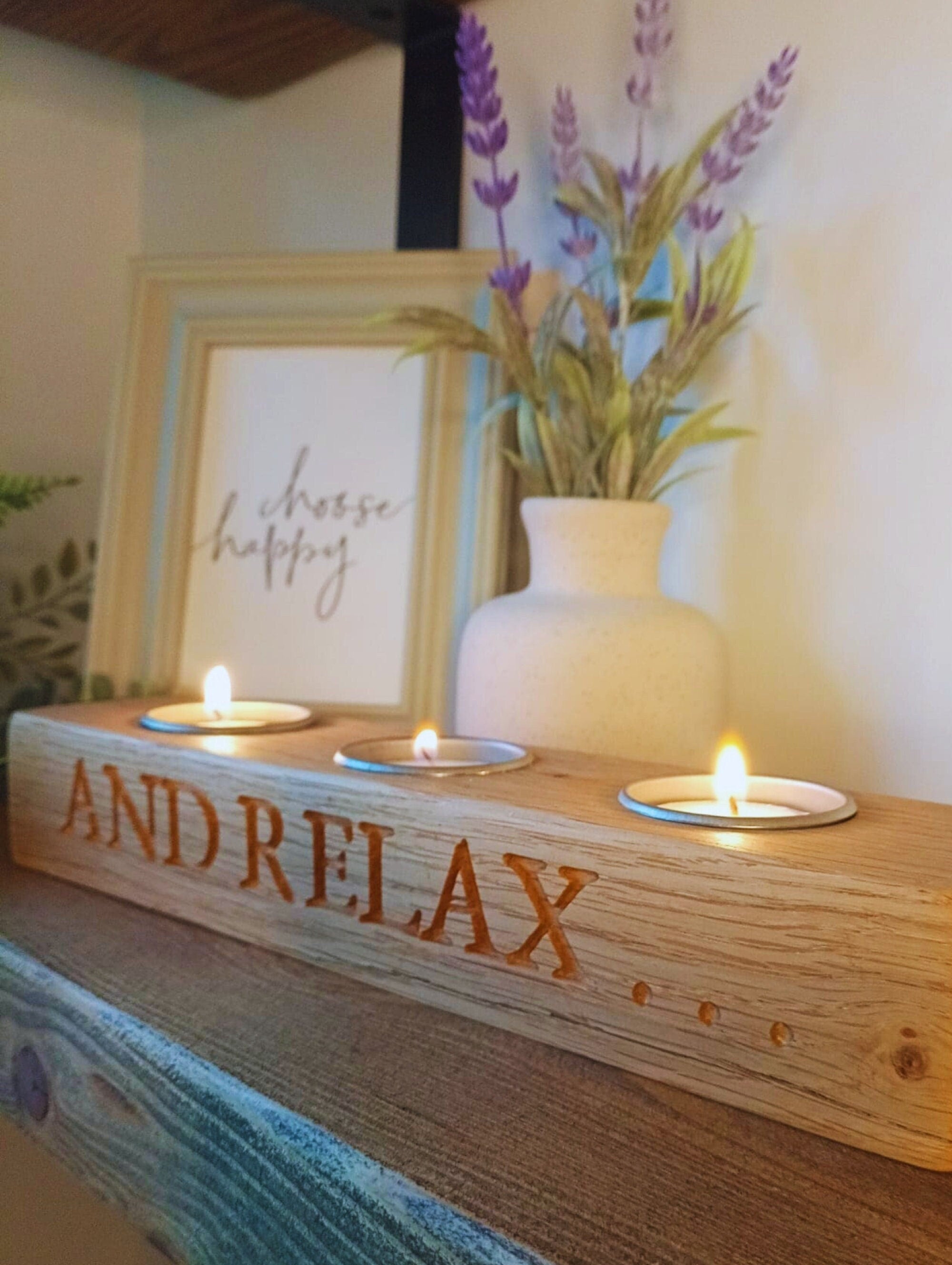 Engraved Solid Oak Candle Holder | "And Relax" Slogan, Rustic Tea Light Holder