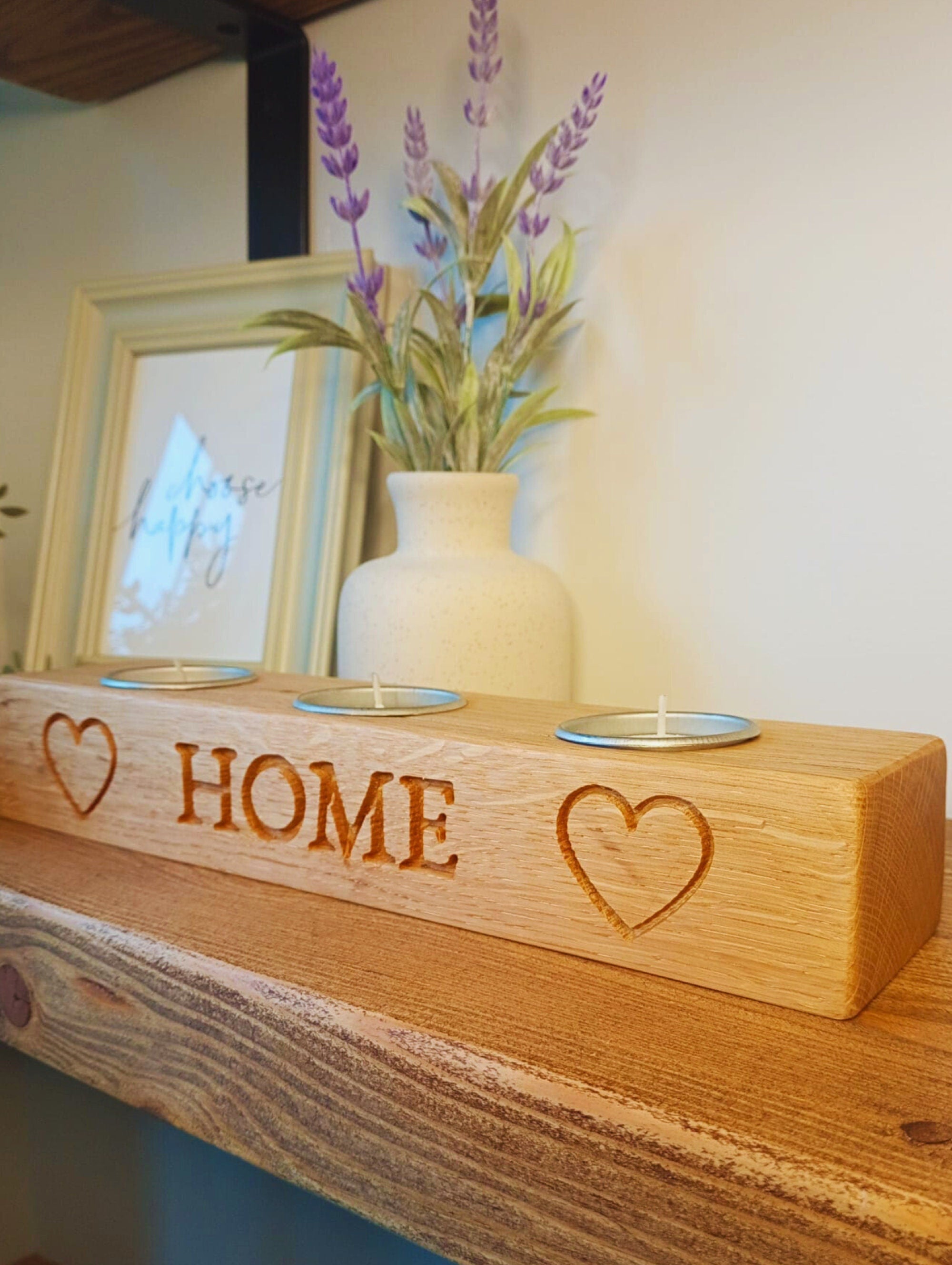 Engraved Solid Oak Candle Holder | Rustic 'HOME' Tea Light Centerpiece