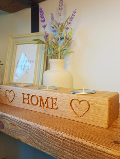 Engraved Solid Oak Candle Holder | Rustic 'HOME' Tea Light Centerpiece