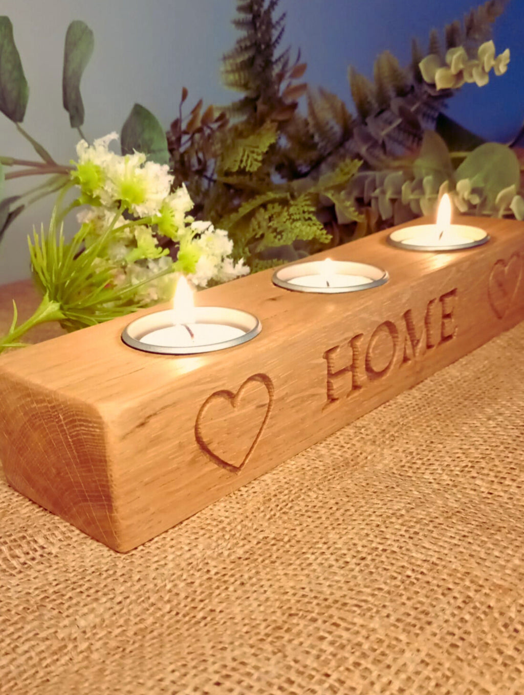 Engraved Solid Oak Candle Holder | Rustic 'HOME' Tea Light Centerpiece