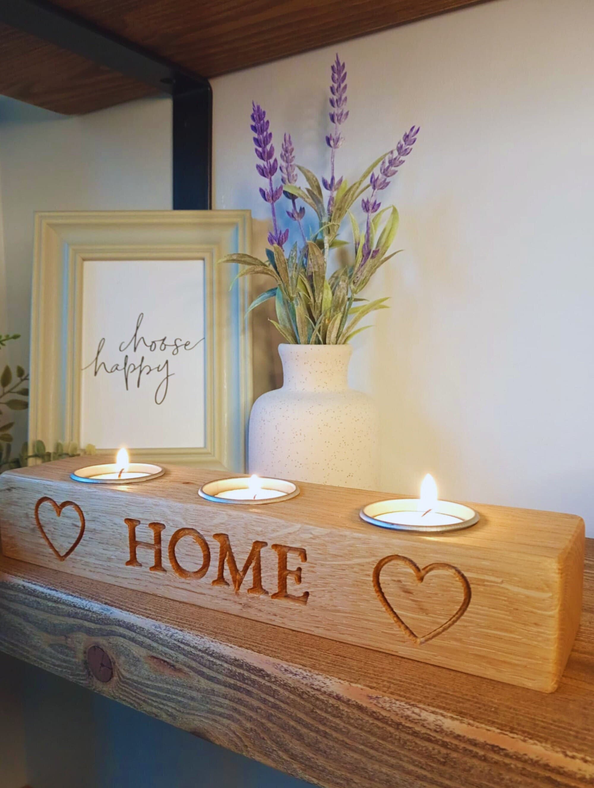 Engraved Solid Oak Candle Holder | Rustic 'HOME' Tea Light Centerpiece