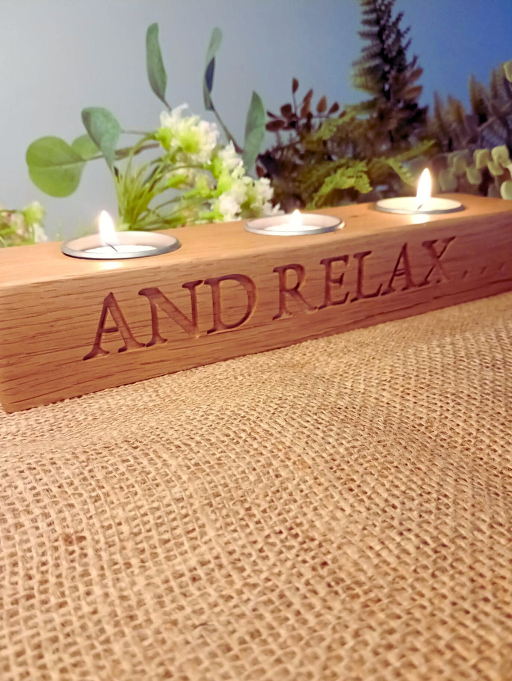 Engraved Solid Oak Candle Holder | "And Relax" Slogan, Rustic Tea Light Holder