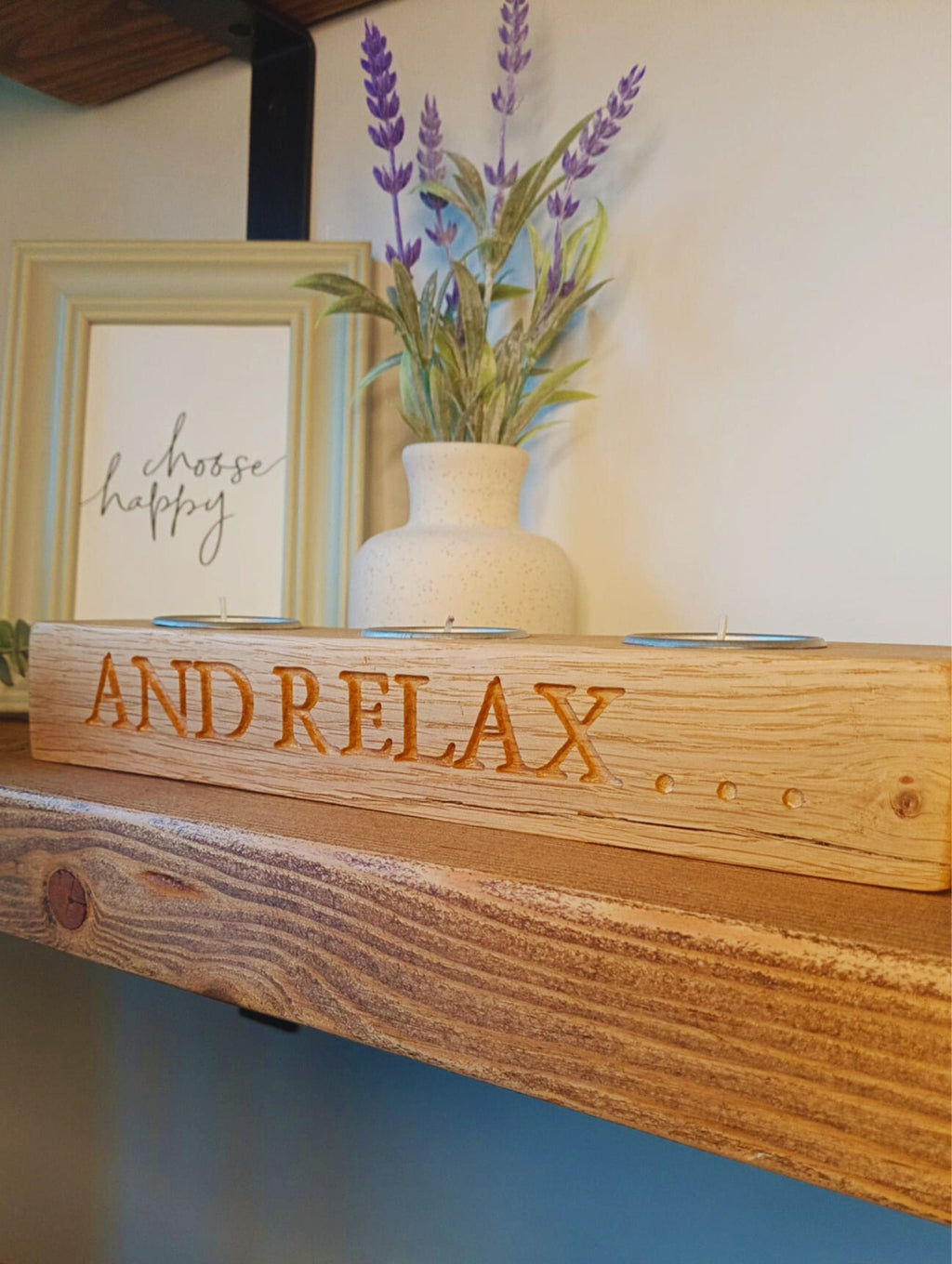 Engraved Solid Oak Candle Holder | "And Relax" Slogan, Rustic Tea Light Holder