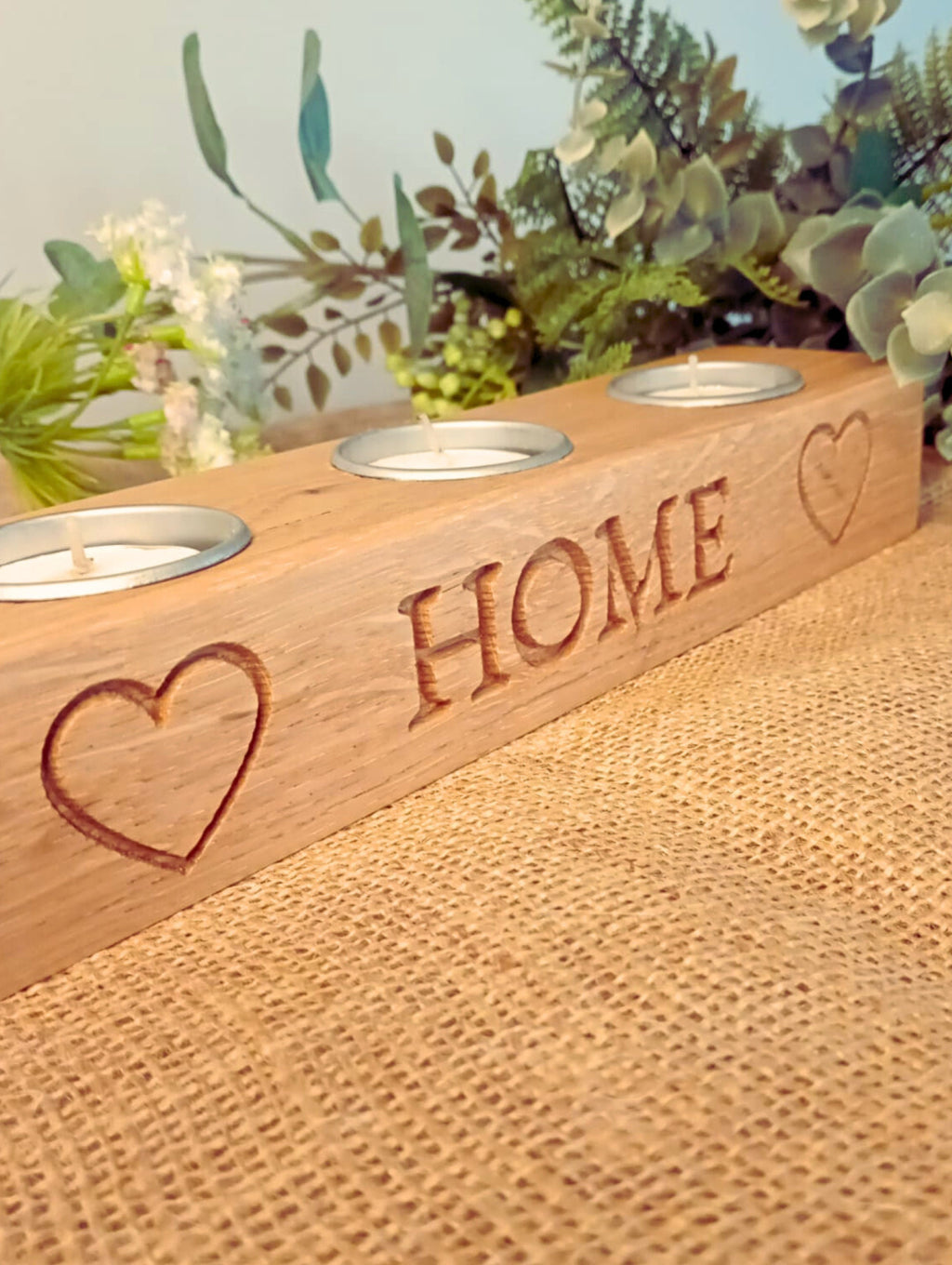 Engraved Solid Oak Candle Holder | Rustic 'HOME' Tea Light Centerpiece