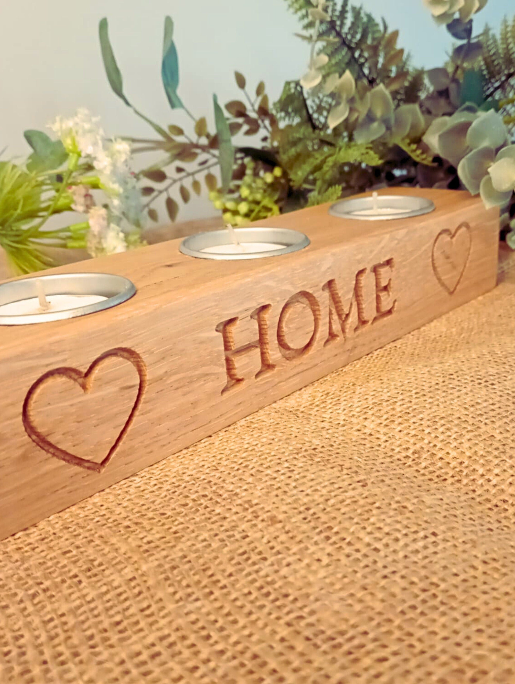 Engraved Solid Oak Candle Holder | Rustic 'HOME' Tea Light Centerpiece