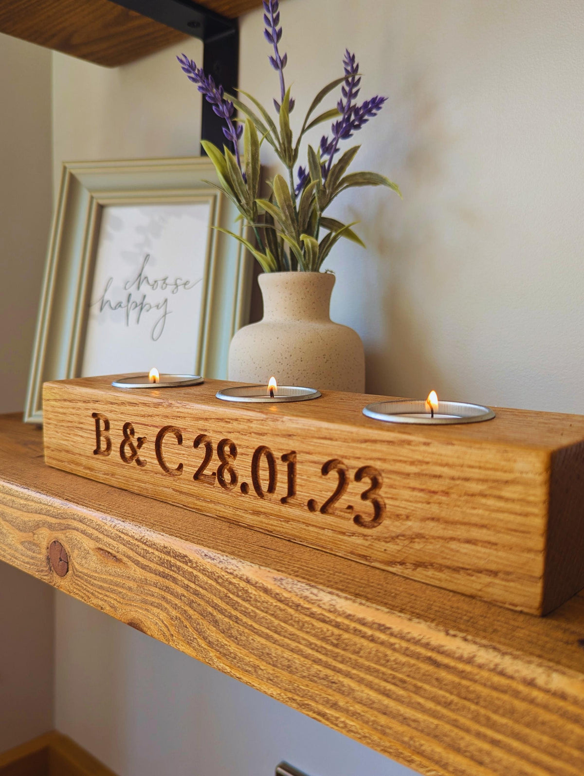 Engraved Oak Tea Light Holder | Personalized Candle Centerpiece | Valentines Day |
