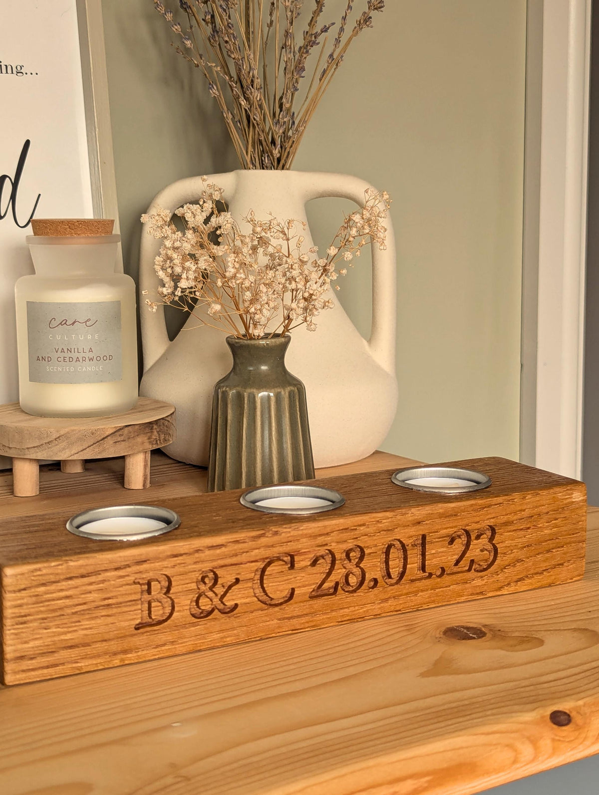 Engraved Oak Tea Light Holder | Personalized Candle Centerpiece | Valentines Day |